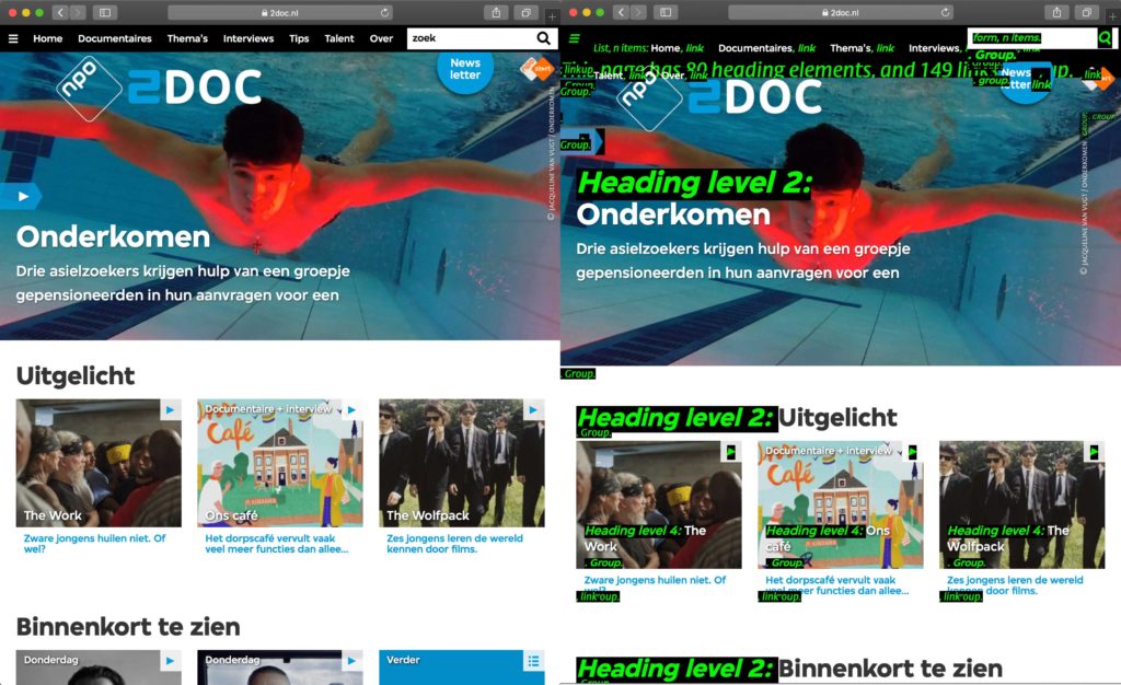 A visual impression of the extra words that some screen readers speak, compared to the original website on the left.
